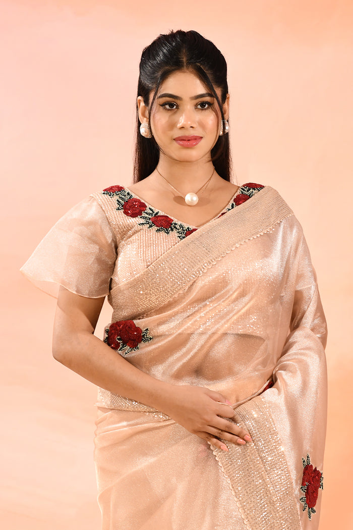 Elegant Peach With Embroidered Rose Motifs Silk Blend Designer Saree