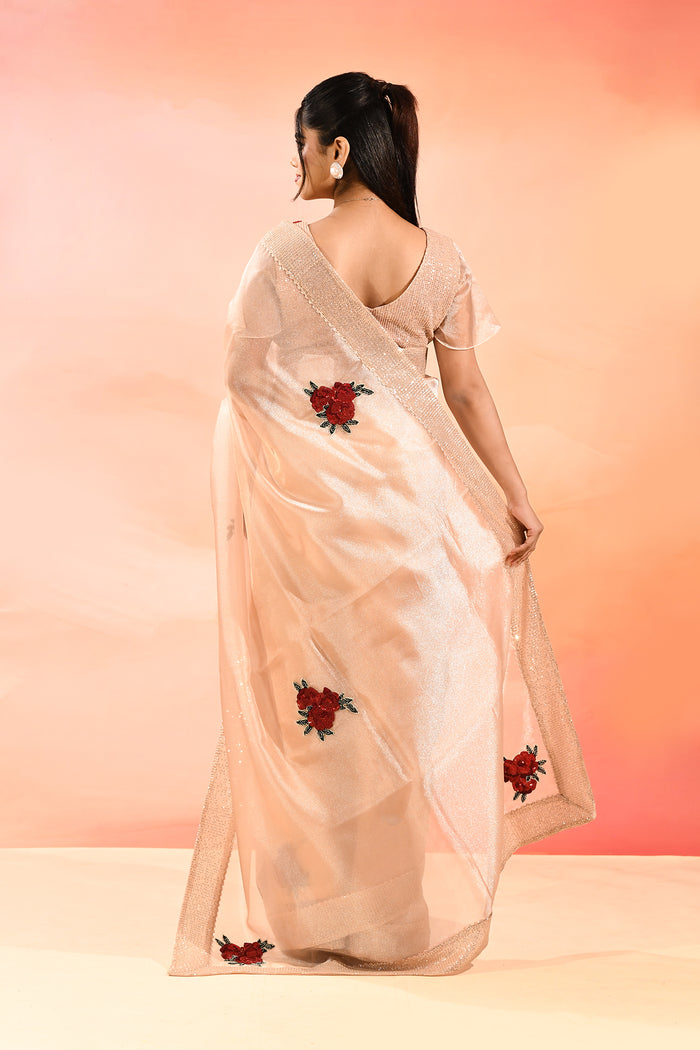 Elegant Peach With Embroidered Rose Motifs Silk Blend Designer Saree