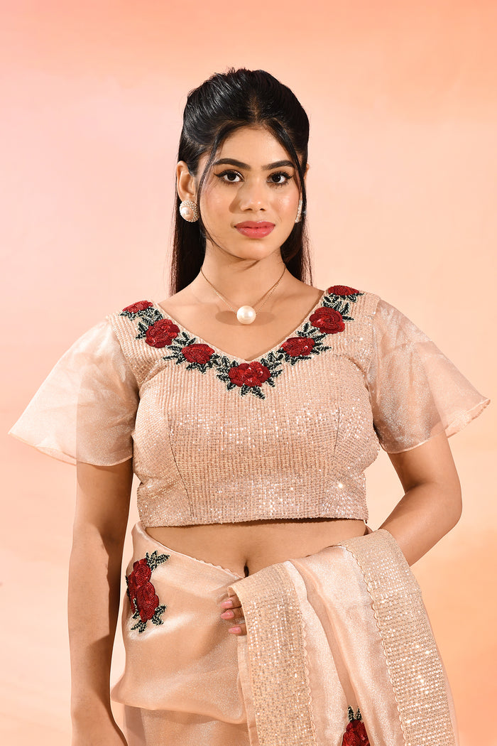 Elegant Peach With Embroidered Rose Motifs Silk Blend Designer Saree