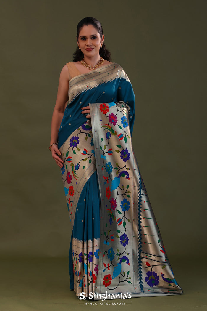 <img> Elephant Bluish Cyan Paithani Saree With Butti'S
