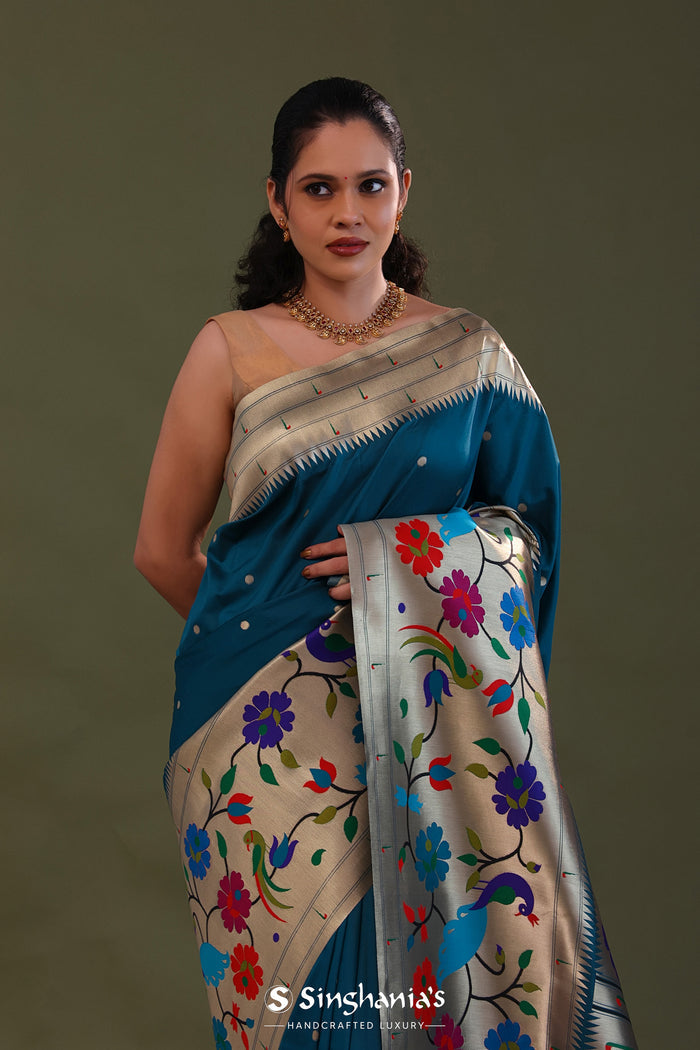 <img> Elephant Bluish Cyan Paithani Saree With Butti'S