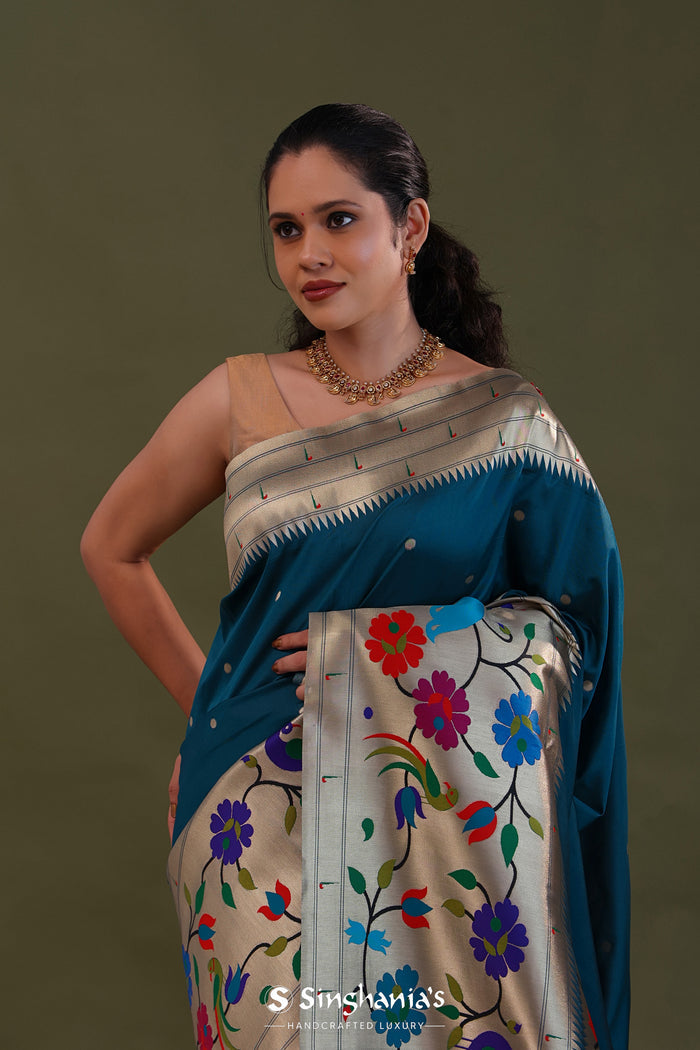 <img> Elephant Bluish Cyan Paithani Saree With Butti'S