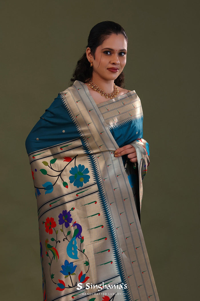 <img> Elephant Bluish Cyan Paithani Saree With Butti'S