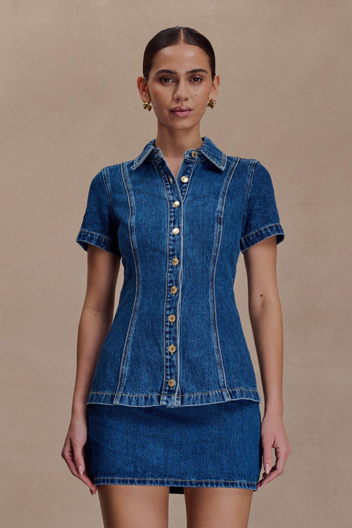 Ellie Denim Short Sleeve Top - Dark Blue