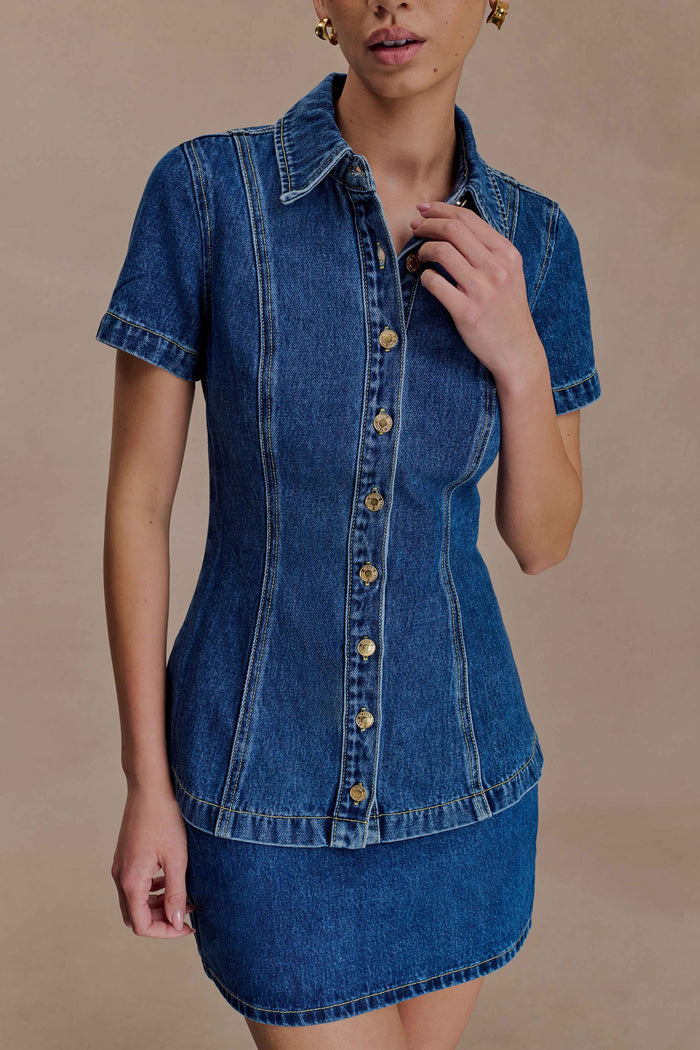 Ellie Denim Short Sleeve Top - Dark Blue