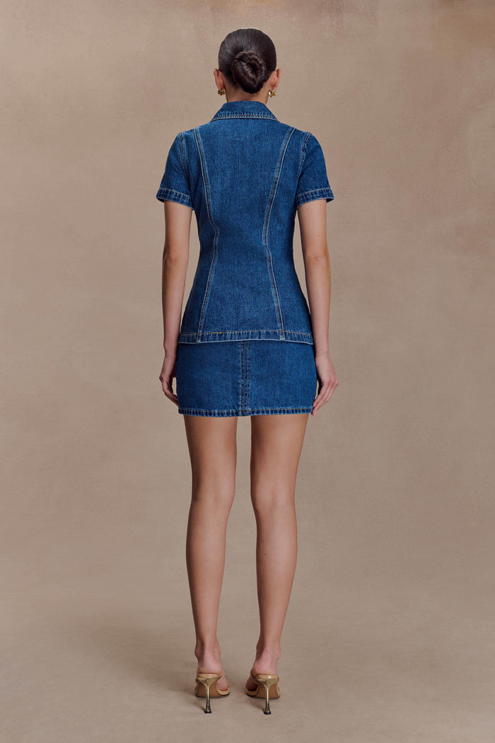 Ellie Denim Short Sleeve Top - Dark Blue