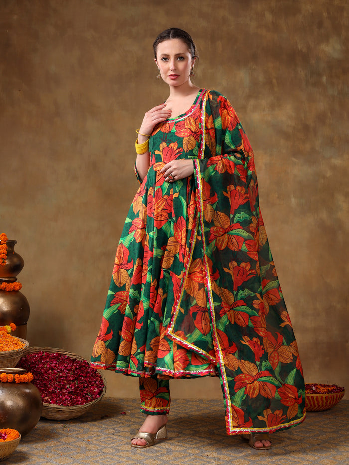 Emerald Green Botanical Printed Georgette Anarkali Set With Gota Detail