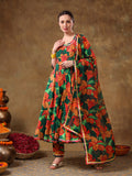 Emerald Green Botanical Printed Georgette Anarkali Set With Gota Detail