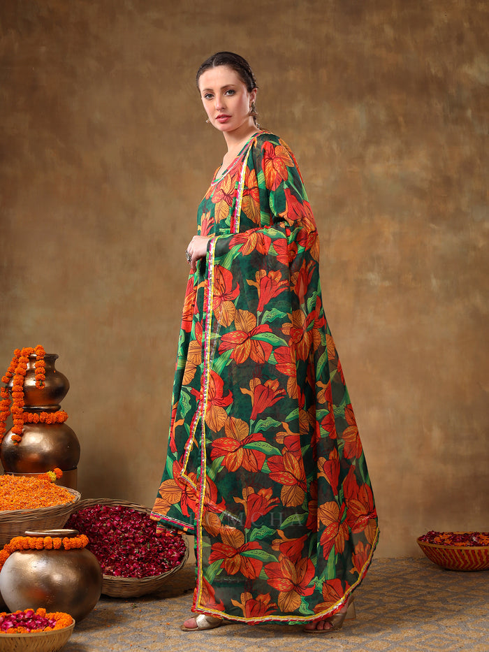 Emerald Green Botanical Printed Georgette Anarkali Set With Gota Detail