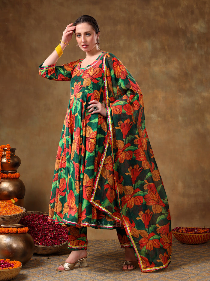 Emerald Green Botanical Printed Georgette Anarkali Set With Gota Detail