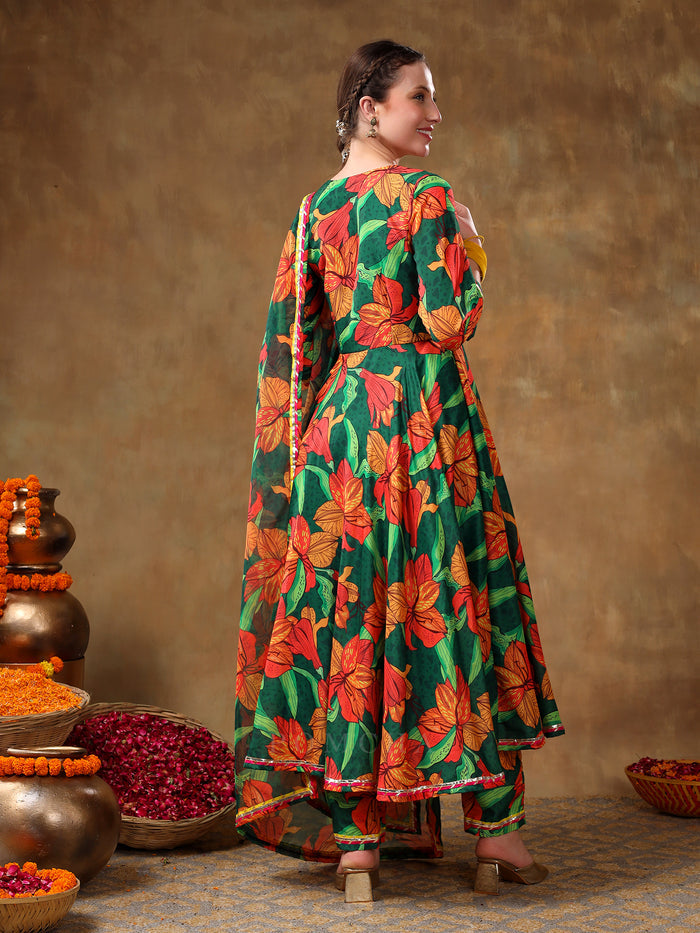 Emerald Green Botanical Printed Georgette Anarkali Set With Gota Detail