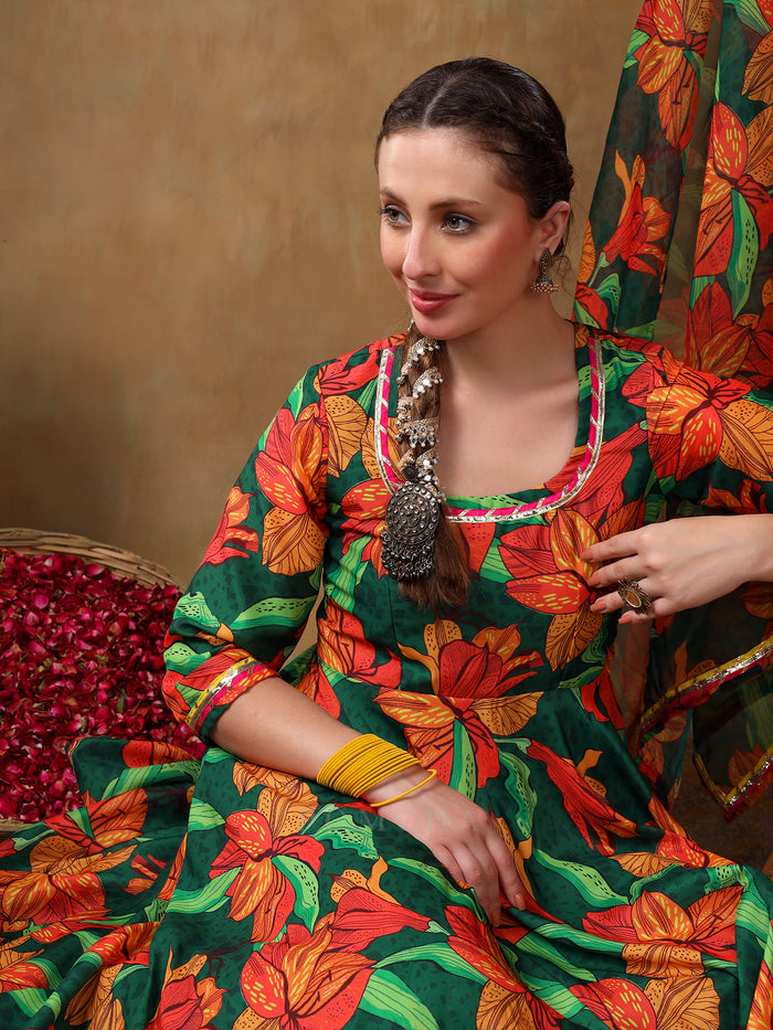 Emerald Green Botanical Printed Georgette Anarkali Set With Gota Detail