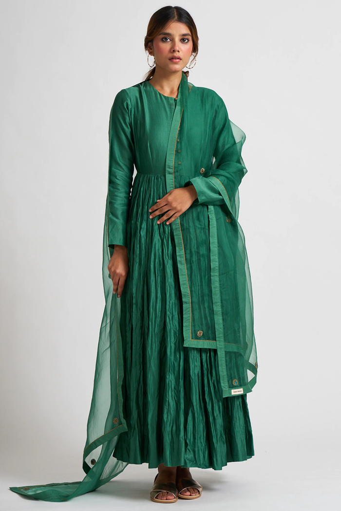 Emerald Green Button Placket Anarkali Set