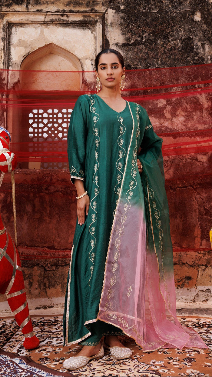 Emerald Green Chanderi Salwar Set With Ombre Dupatta