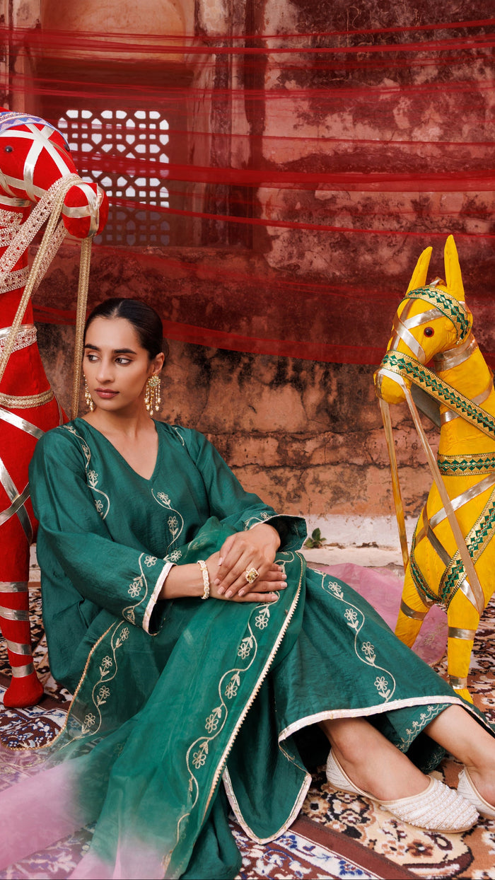 Emerald Green Chanderi Salwar Set With Ombre Dupatta