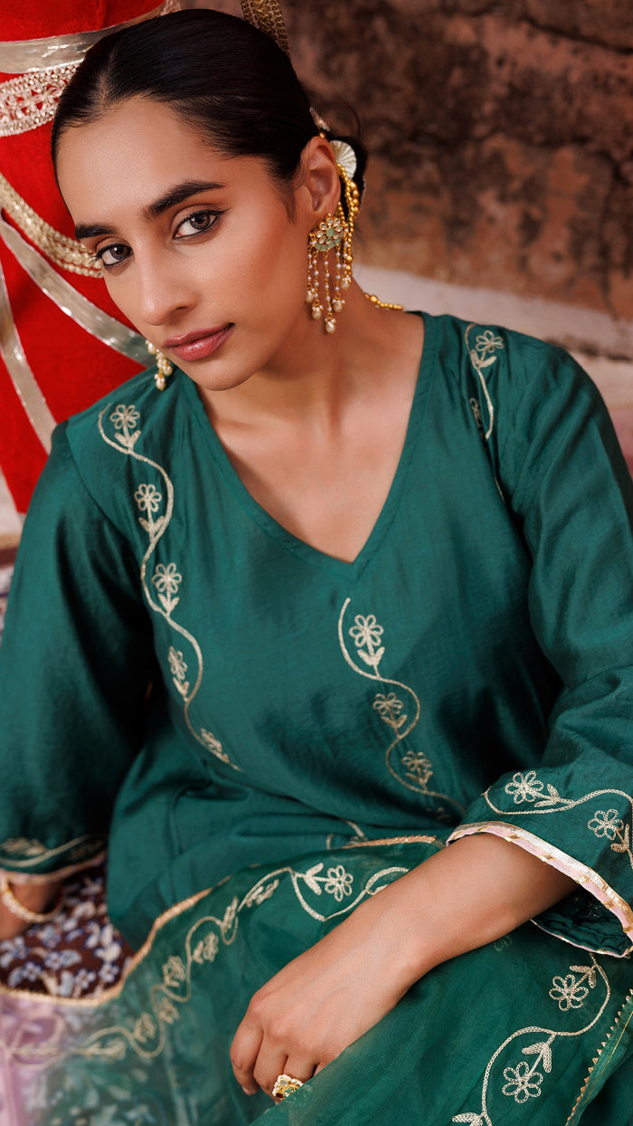 Emerald Green Chanderi Salwar Set With Ombre Dupatta