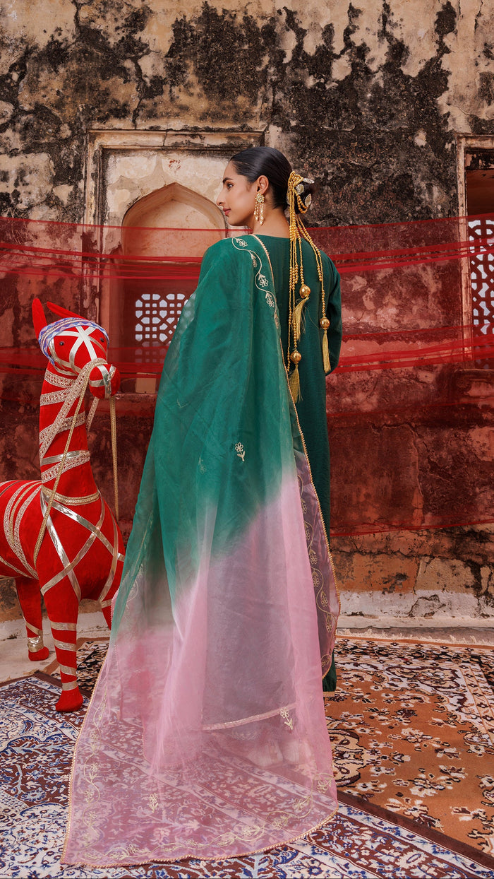 Emerald Green Chanderi Salwar Set With Ombre Dupatta