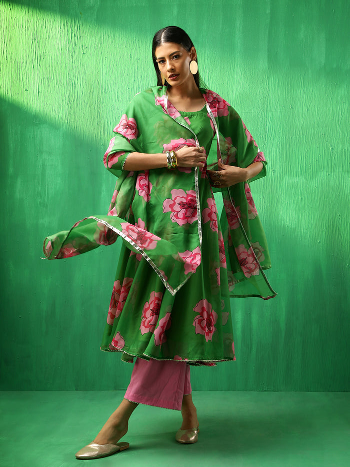 Emerald Green Floral Printed Georgette Anarkali Set