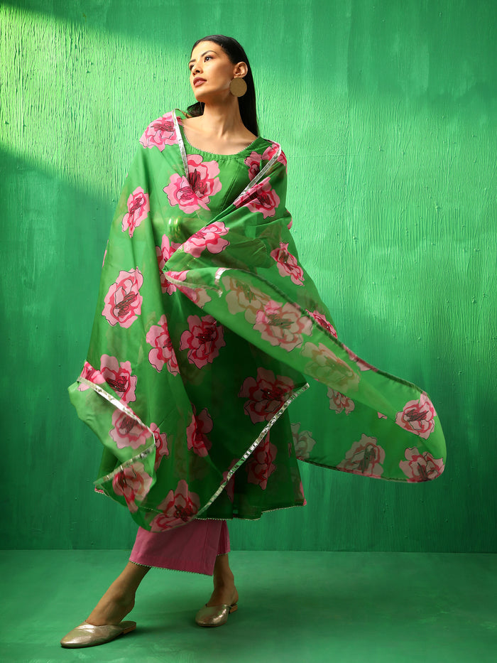 Emerald Green Floral Printed Georgette Anarkali Set