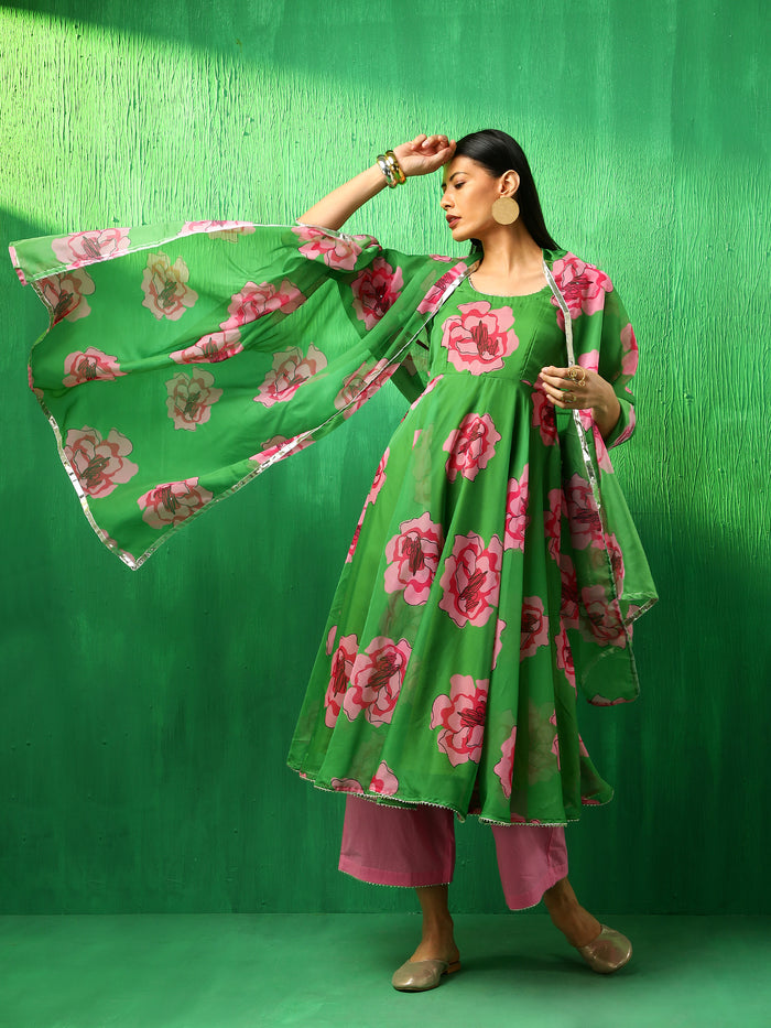 Emerald Green Floral Printed Georgette Anarkali Set