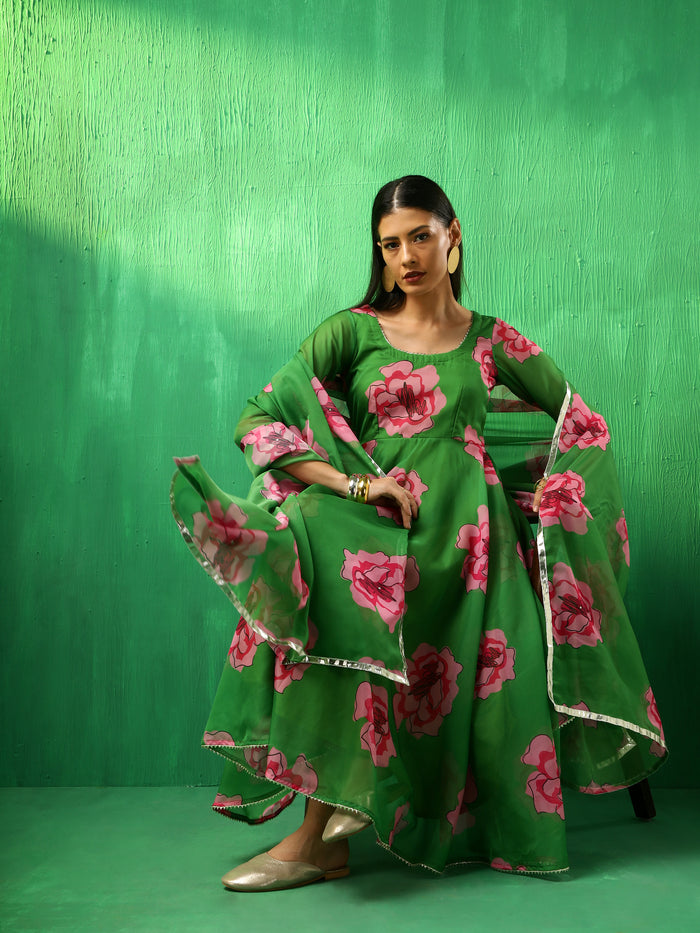 Emerald Green Floral Printed Georgette Anarkali Set