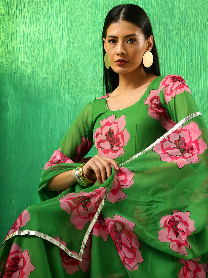 Emerald Green Floral Printed Georgette Anarkali Set