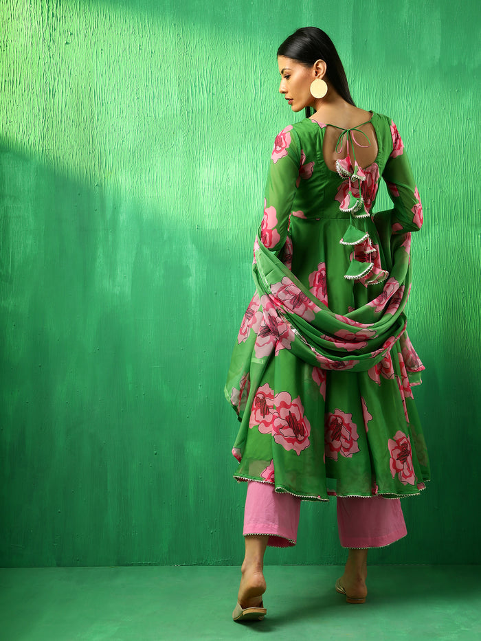 Emerald Green Floral Printed Georgette Anarkali Set