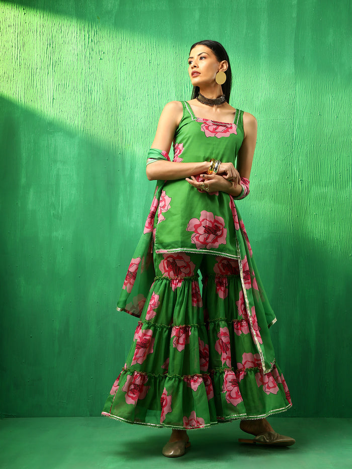Emerald Green Floral Printed Georgette Sharara Set