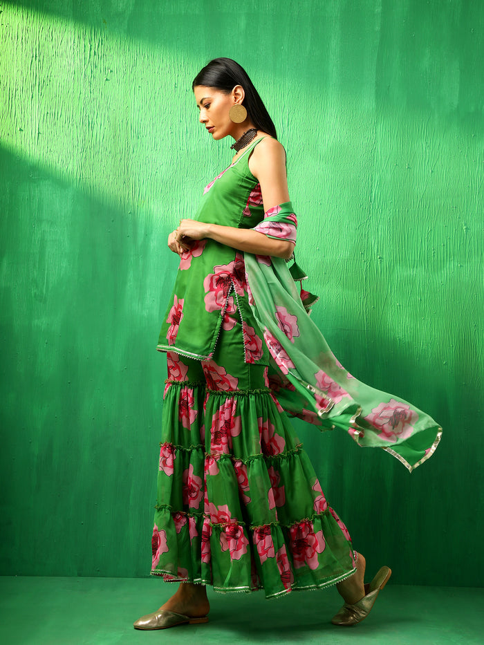 Emerald Green Floral Printed Georgette Sharara Set