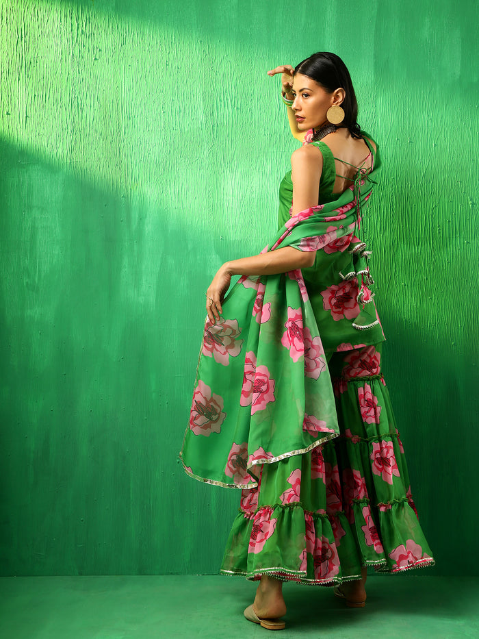 Emerald Green Floral Printed Georgette Sharara Set