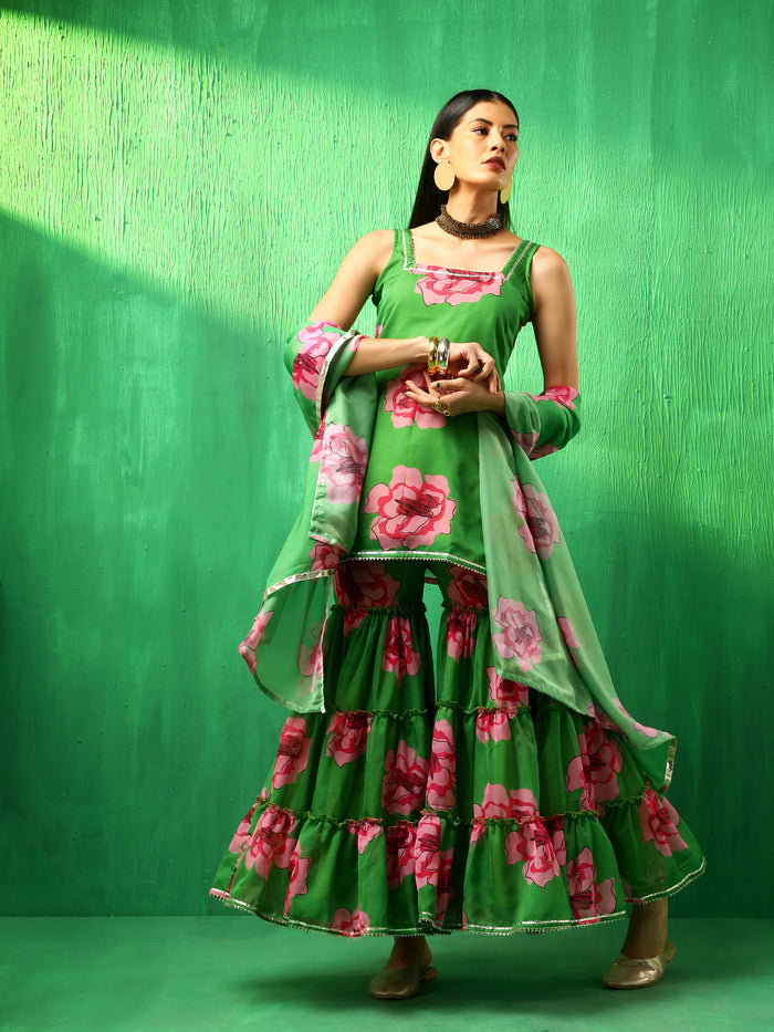 Emerald Green Floral Printed Georgette Sharara Set