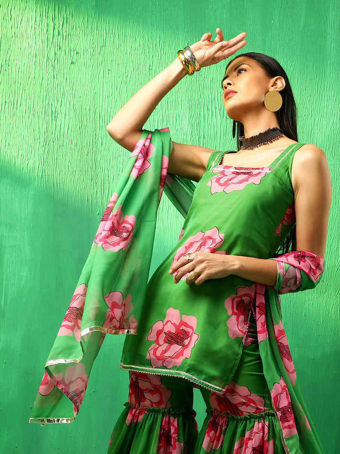 Emerald Green Floral Printed Georgette Sharara Set