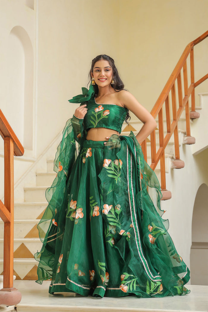 <img> Emerald Green Organza Floral Lehenga Set