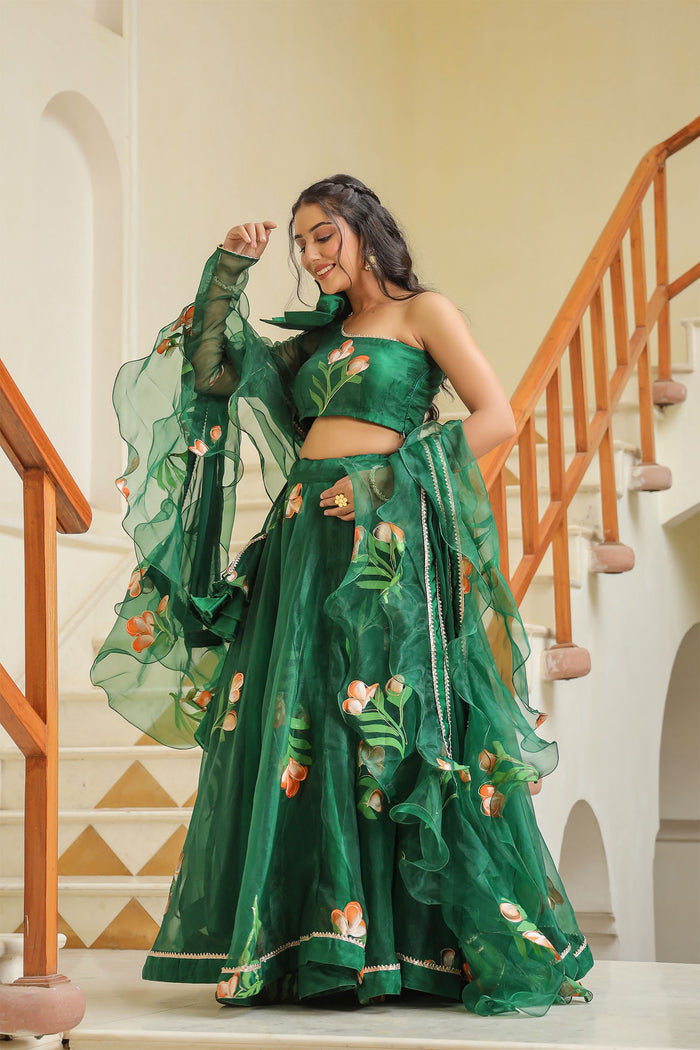 <img> Emerald Green Organza Floral Lehenga Set