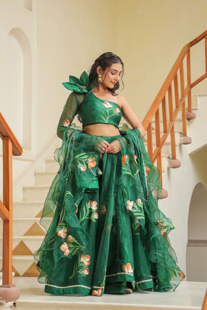 <img> Emerald Green Organza Floral Lehenga Set