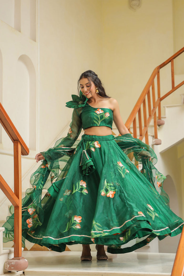<img> Emerald Green Organza Floral Lehenga Set