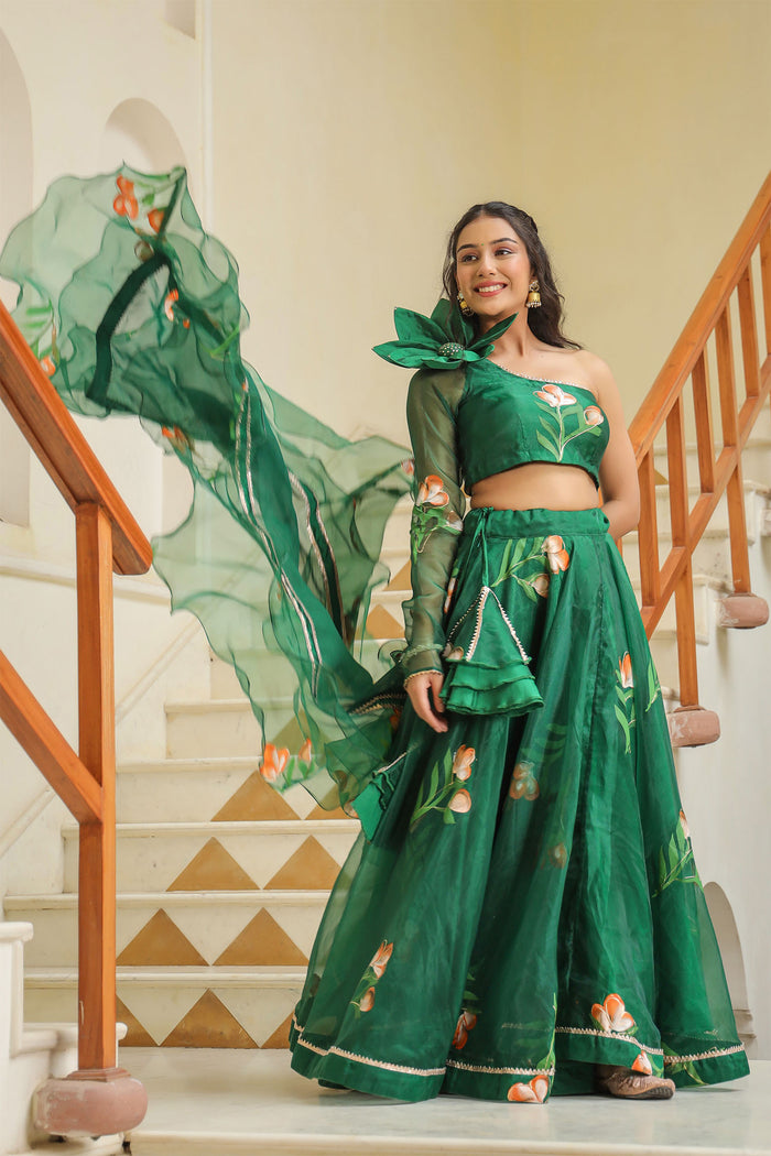 <img> Emerald Green Organza Floral Lehenga Set