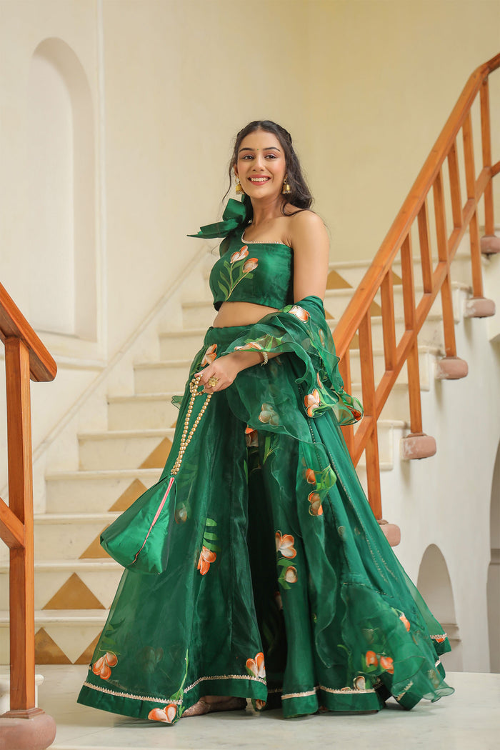 <img> Emerald Green Organza Floral Lehenga Set