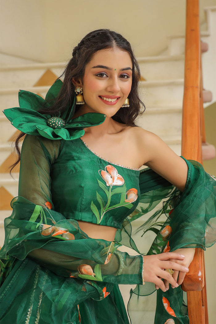 <img> Emerald Green Organza Floral Lehenga Set