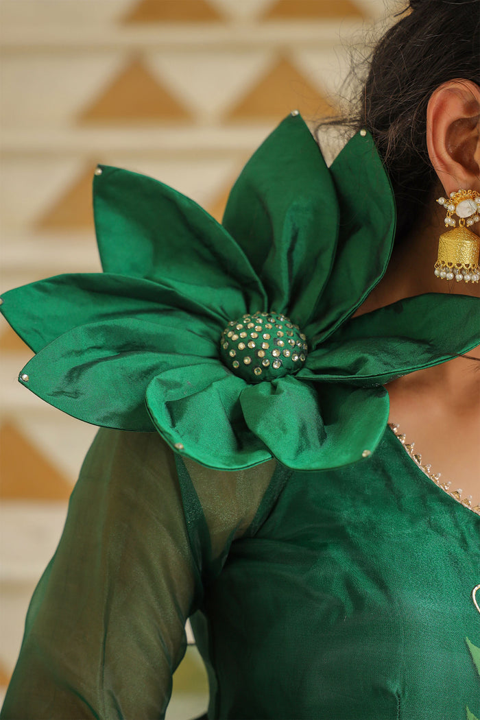 <img> Emerald Green Organza Floral Lehenga Set