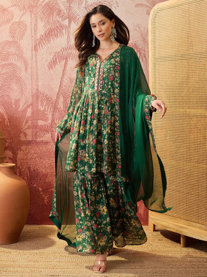 Emerald Green Printed Crepe Sharara Set
