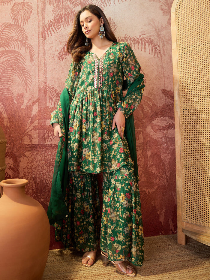 Emerald Green Printed Crepe Sharara Set