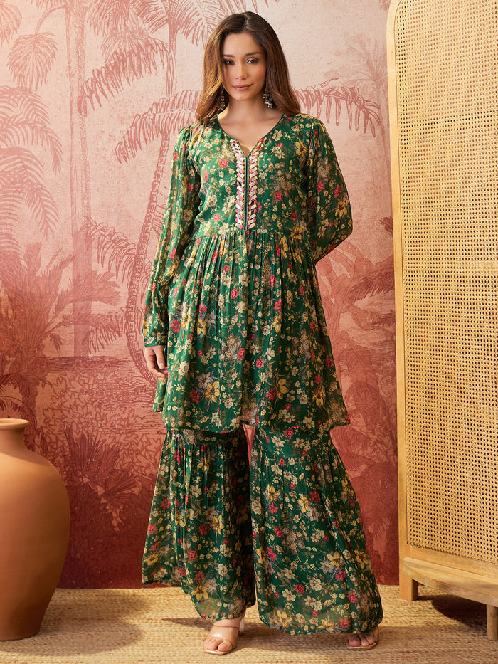 Emerald Green Printed Crepe Sharara Set