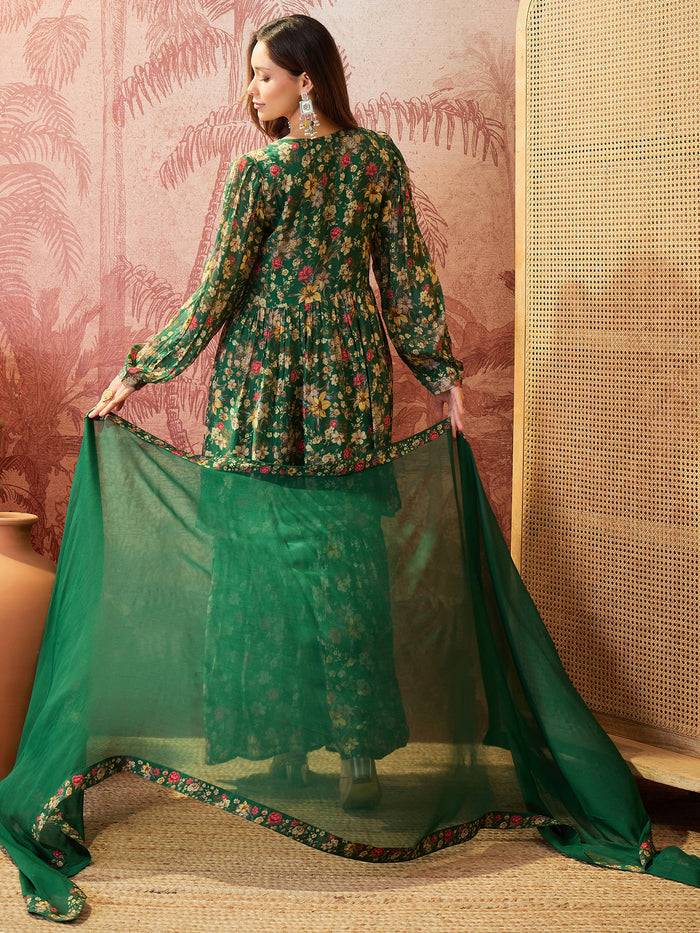 Emerald Green Printed Crepe Sharara Set