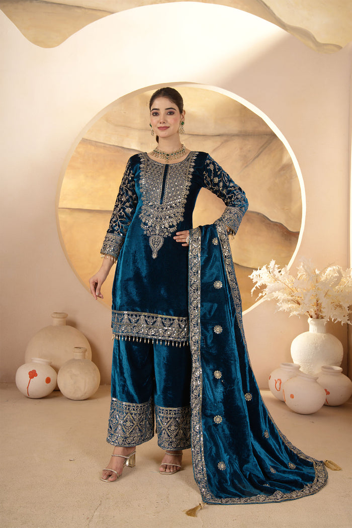 Emerald Green Velvet Embroidered Kurti Set