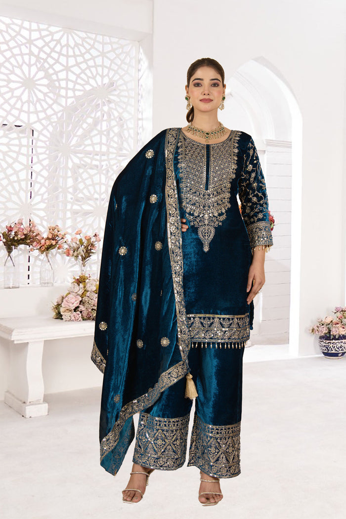 Emerald Green Velvet Embroidered Kurti Set