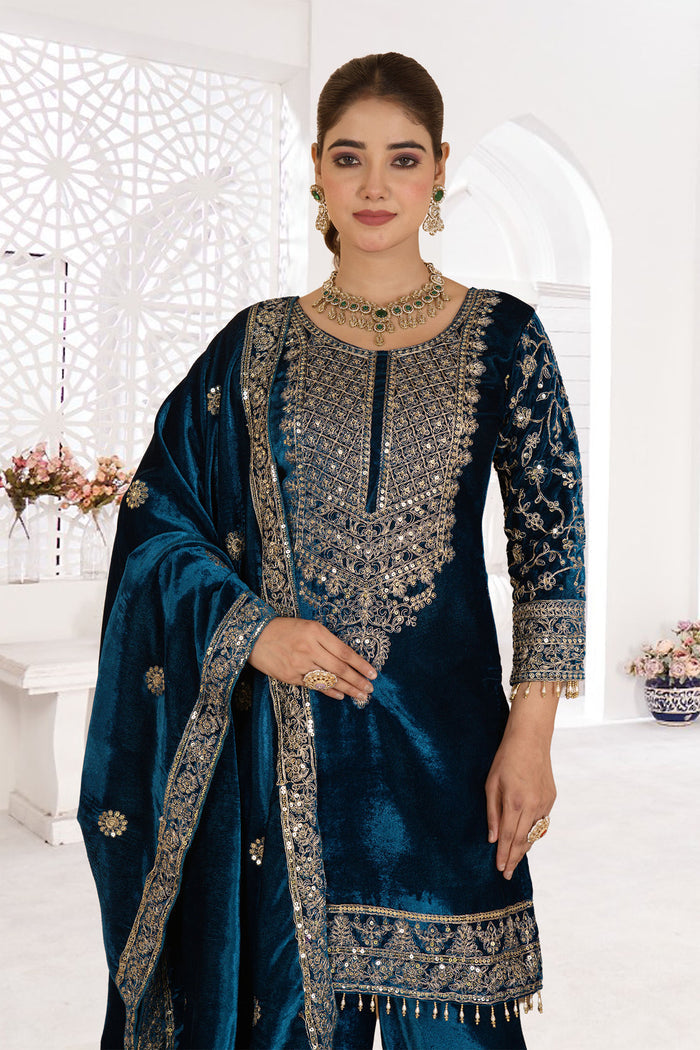 Emerald Green Velvet Embroidered Kurti Set