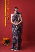 <img> English Violet Printed Organza Designer Saree With Floral Design