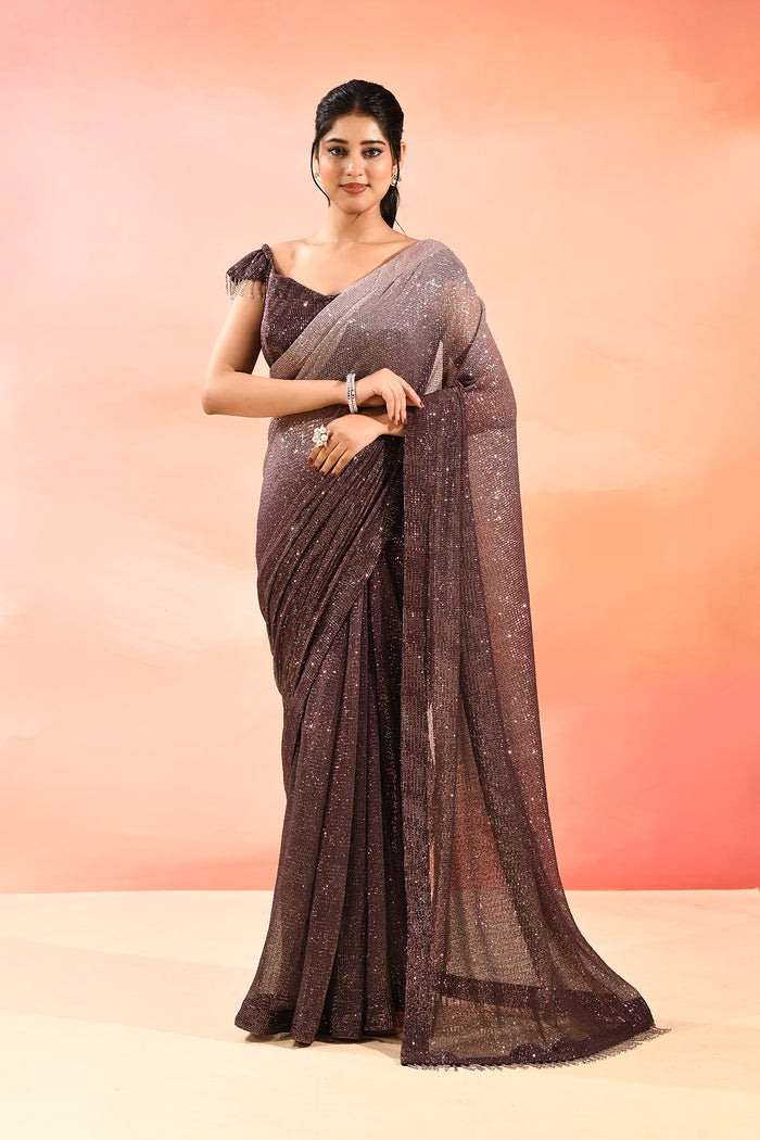 Espresso Brown Metallic Shimmer Net Saree With Elegant Beaded Tassels