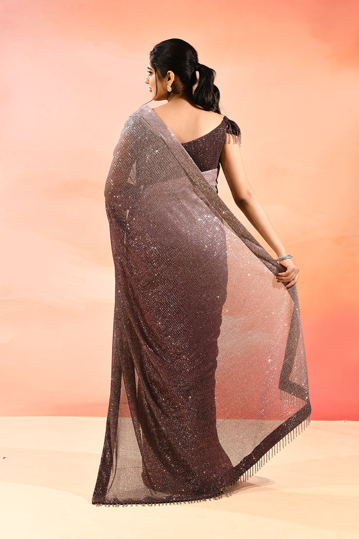 Espresso Brown Metallic Shimmer Net Saree With Elegant Beaded Tassels